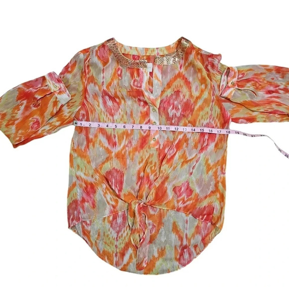Chico’s Size 0 Small Orange Gold Chiffon Tie Front Blouse Boho Resort Sheer MOD - Picture 6 of 7